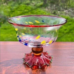 RARE Vintage MacKenzie Childs Molten Confetti Art Glass Pedestal Bowl Candy Dish